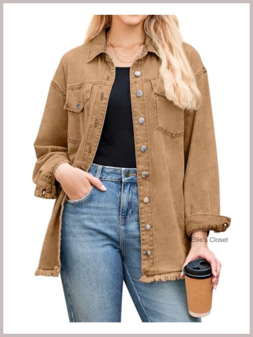 Trendy Oversized Frayed Hem Denim Shacket Women Long Sleeve Button Down